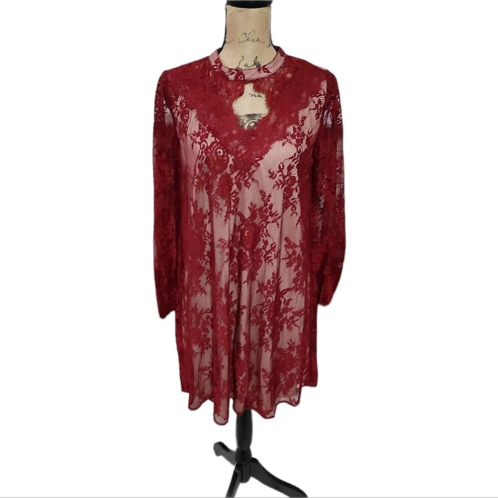 Andre by Unit Nude & Burgundy Red Lace Swing Skater Party Mini Dress Size Small
